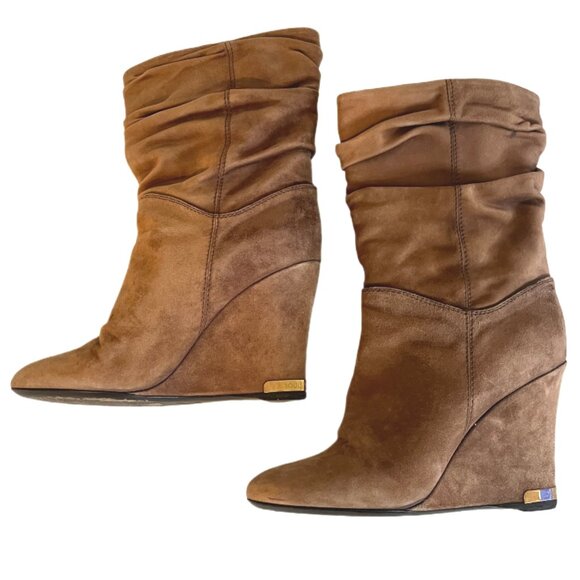 Louis Vuitton Camel Suede Slouch Wedge Boots Gold Metal Logo on Heels Size  37/7 - Picture 1 of 14